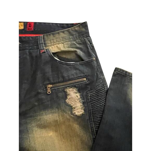 Mens Makobi Jeans 36x34 Blue Faded Distressed Zipper Pockets Streetwear Y2K - Picture 4 of 16